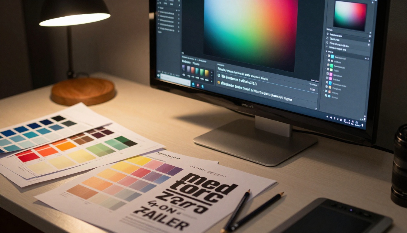 Graphic designer's workspace with color swatches, brand guidelines, and a monitor showing a flipbook customization interface