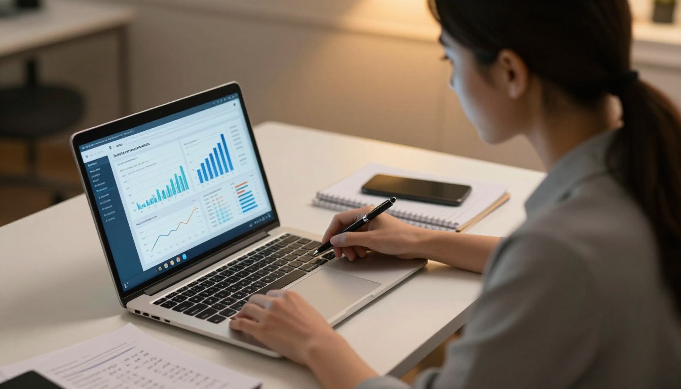 Professional woman studying an analytics dashboard on her laptop with a notepad showing handwritten data points beside her