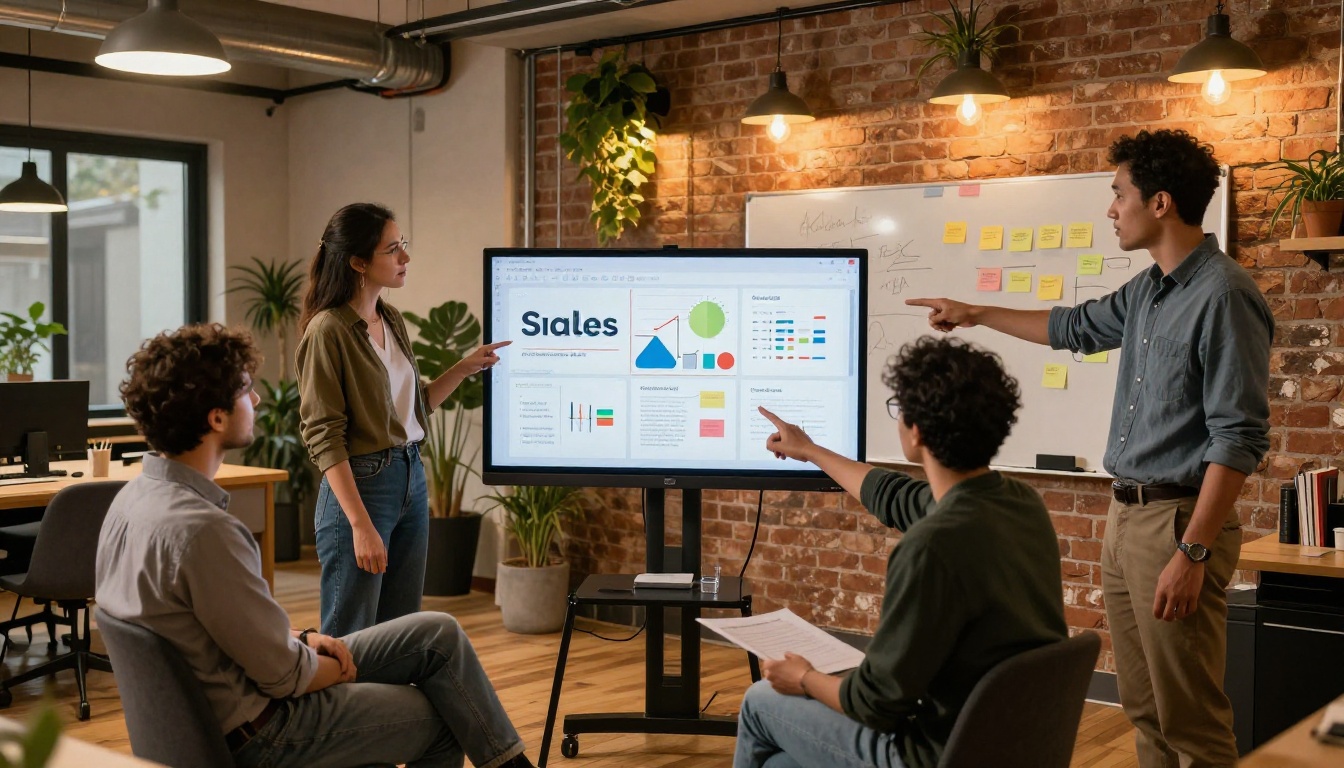Diverse group of four professionals gathered around a large monitor showing a sales presentation flipbook in a casual co-working space