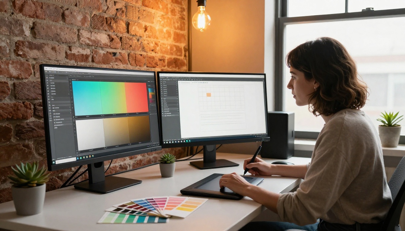 Creative professional customizing flipbook colors and branding on dual monitors Creative professional customizing flipbook colors and branding on dual monitors