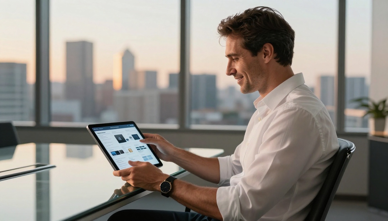 Business professional reviewing interactive digital catalog on tablet in conference room Business professional reviewing interactive digital catalog on tablet in conference room