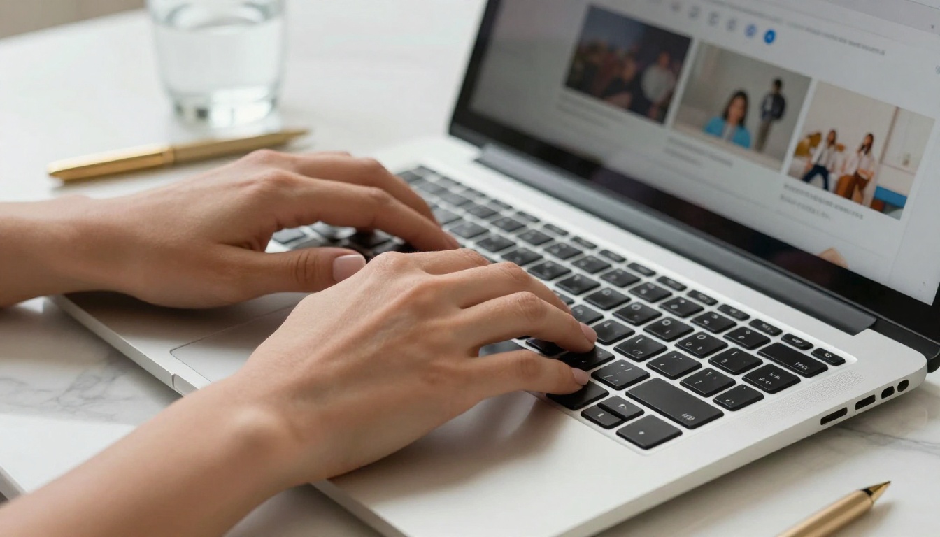 Close-up of hands typing to publish and share a digital flipbook online Close-up of hands typing to publish and share a digital flipbook online