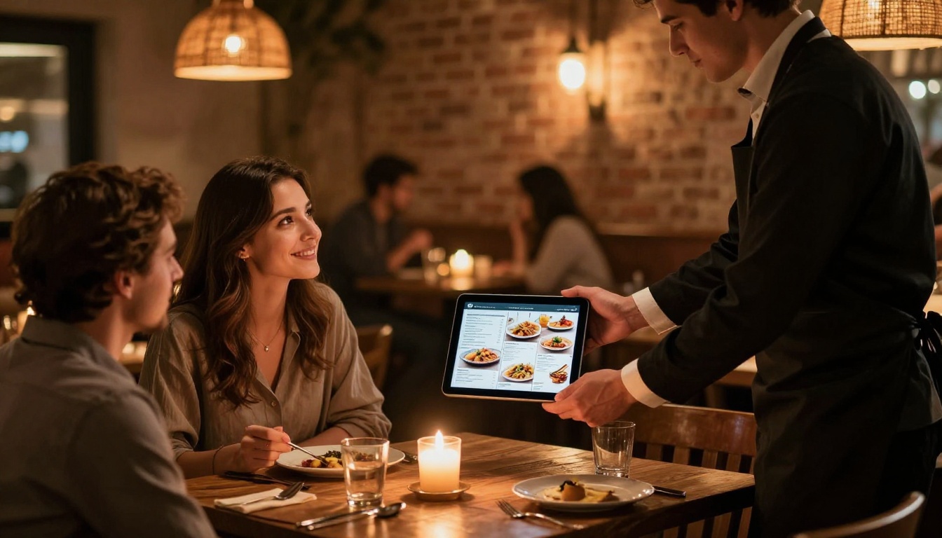 Digital restaurant menu displayed on tablet in warm upscale dining setting Digital restaurant menu displayed on tablet in warm upscale dining setting