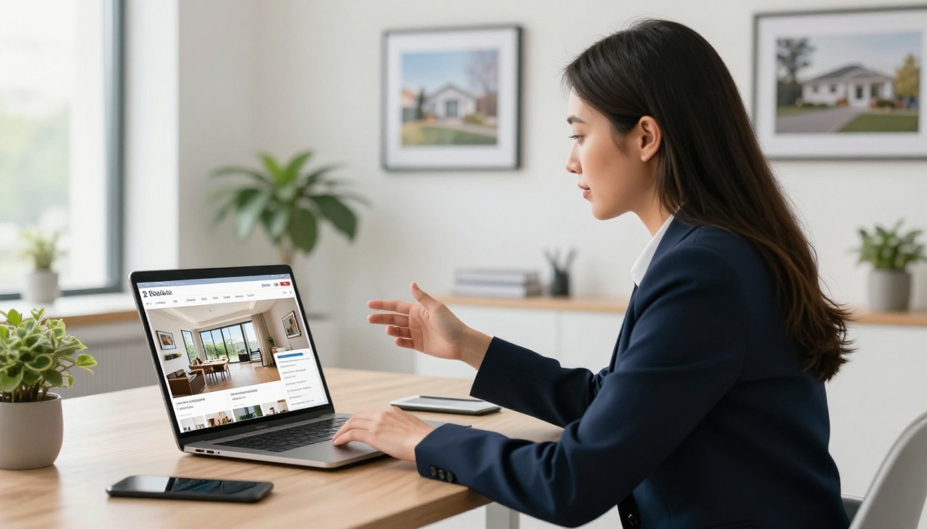Real estate agent showing digital property brochure flipbook to clients on laptop Real estate agent showing digital property brochure flipbook to clients on laptop