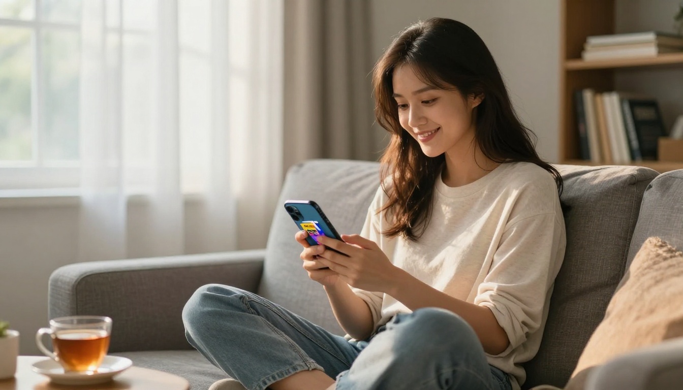 Young woman reading digital magazine flipbook on smartphone on comfortable sofa Young woman reading digital magazine flipbook on smartphone on comfortable sofa
