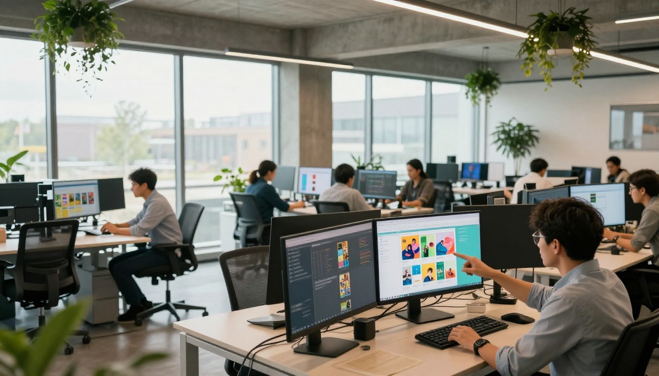 Modern open-plan office team reviewing digital publications on large monitors Modern open-plan office team reviewing digital publications on large monitors