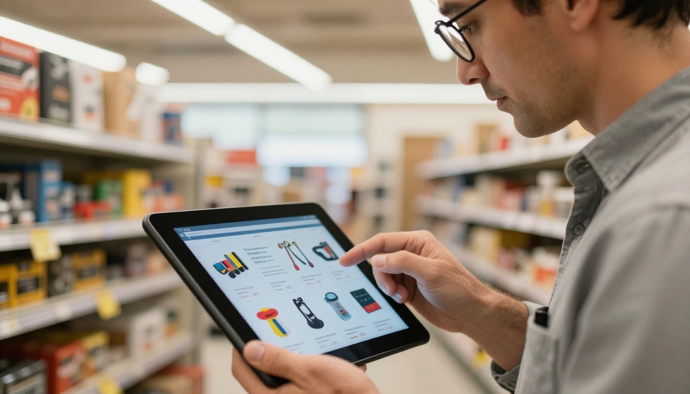 Retail store owner reviewing digital catalog on tablet