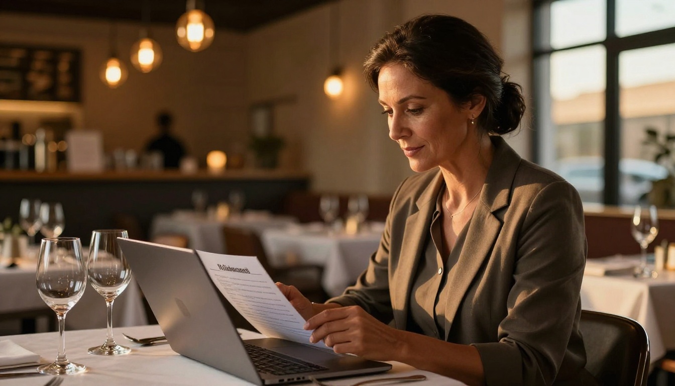Restaurant owner reviewing digital menu catalog on laptop