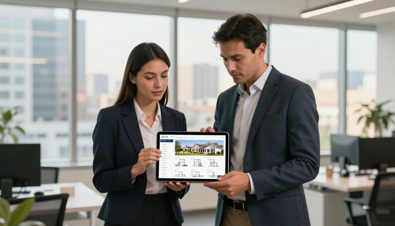 Real estate agents reviewing property catalog on tablet in office