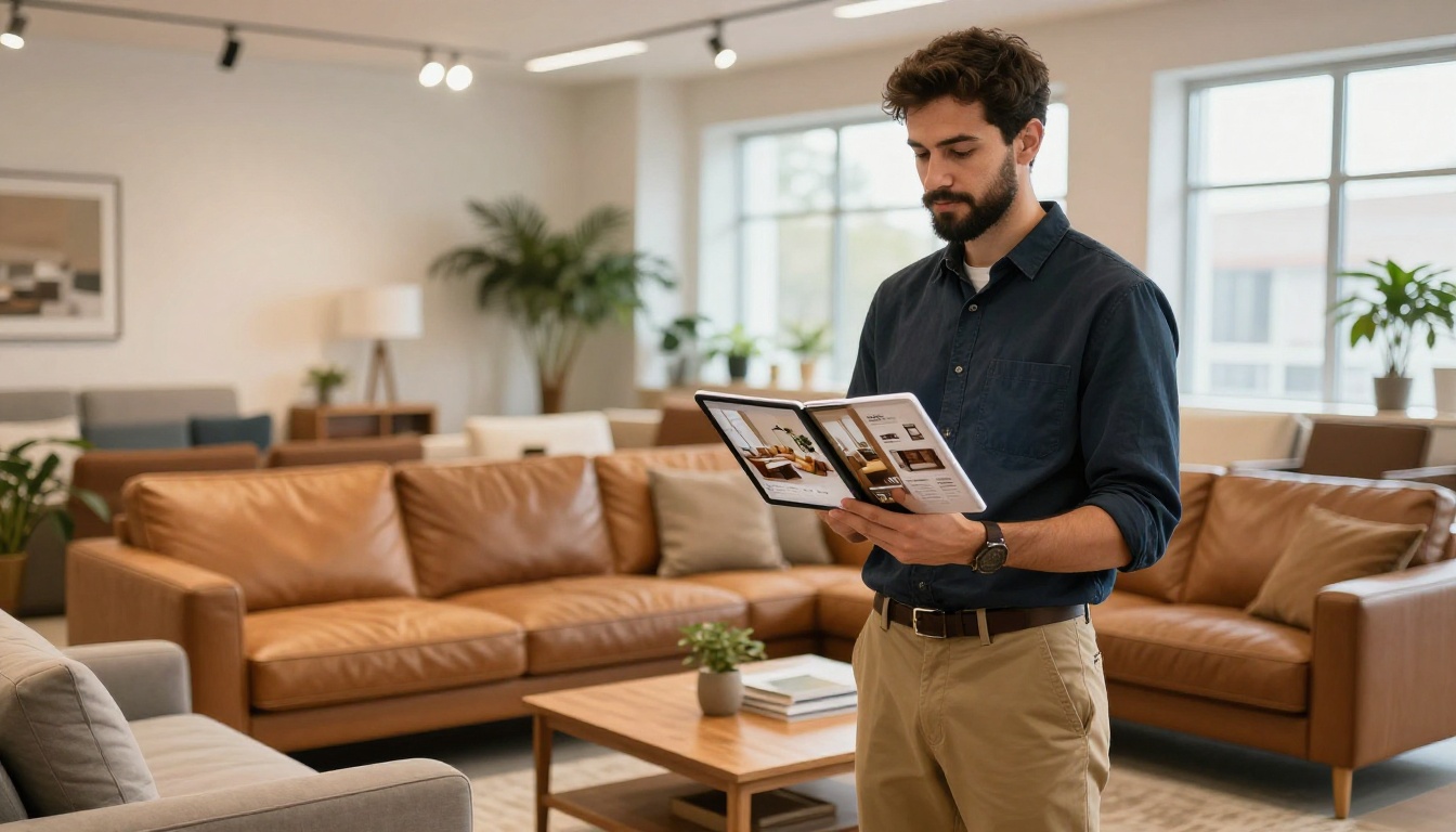 Furniture showroom employee showing digital catalog on iPad
