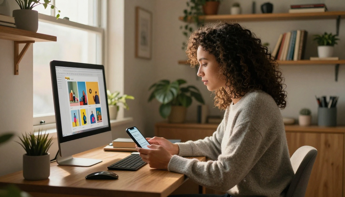 Small business owner sharing catalog link from home office
