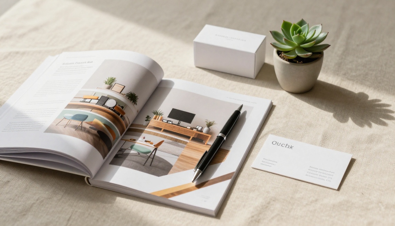 Business branding materials with printed catalog flat-lay