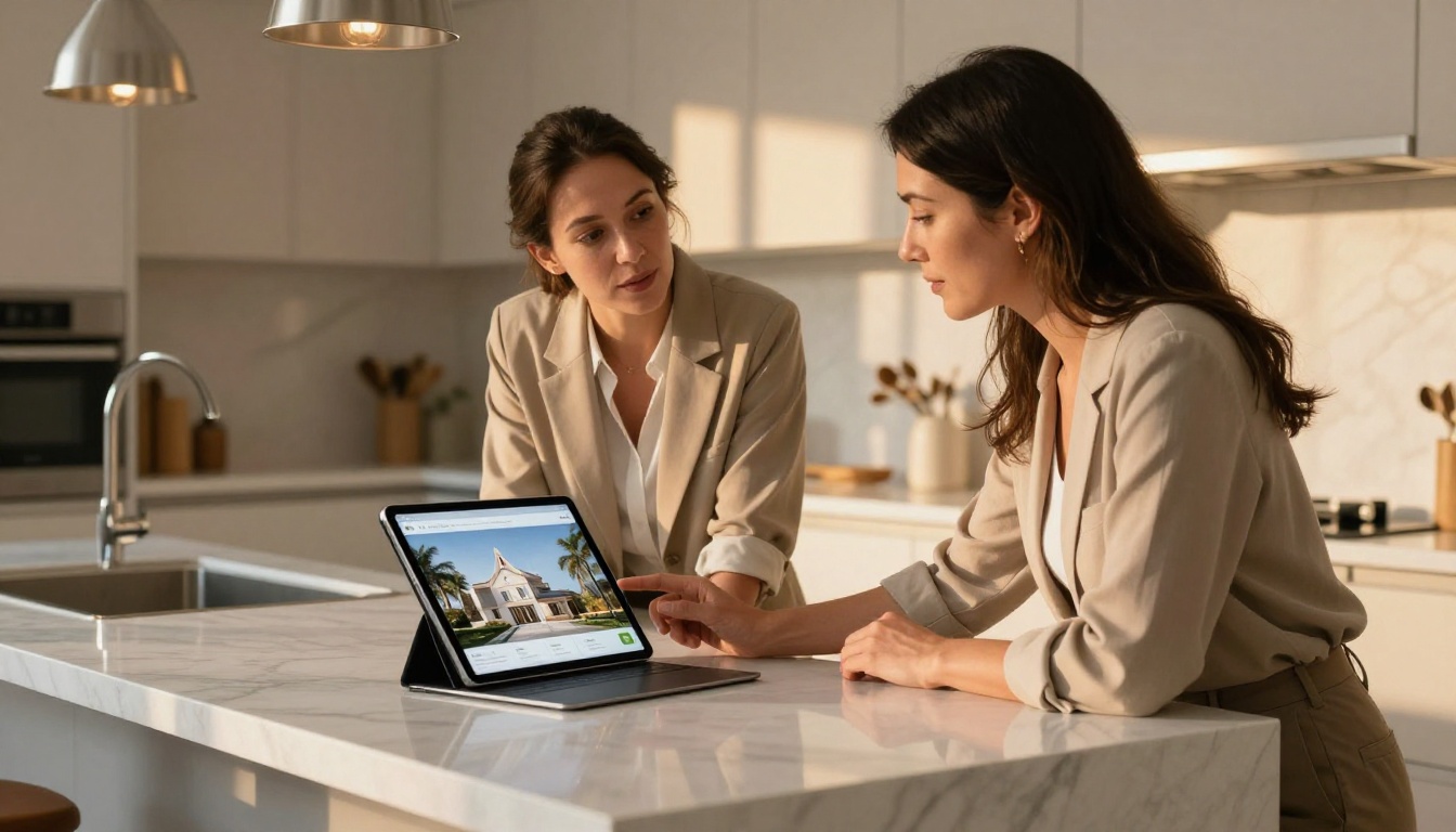 Real estate agent showing client digital brochure Real estate agent showing client digital brochure