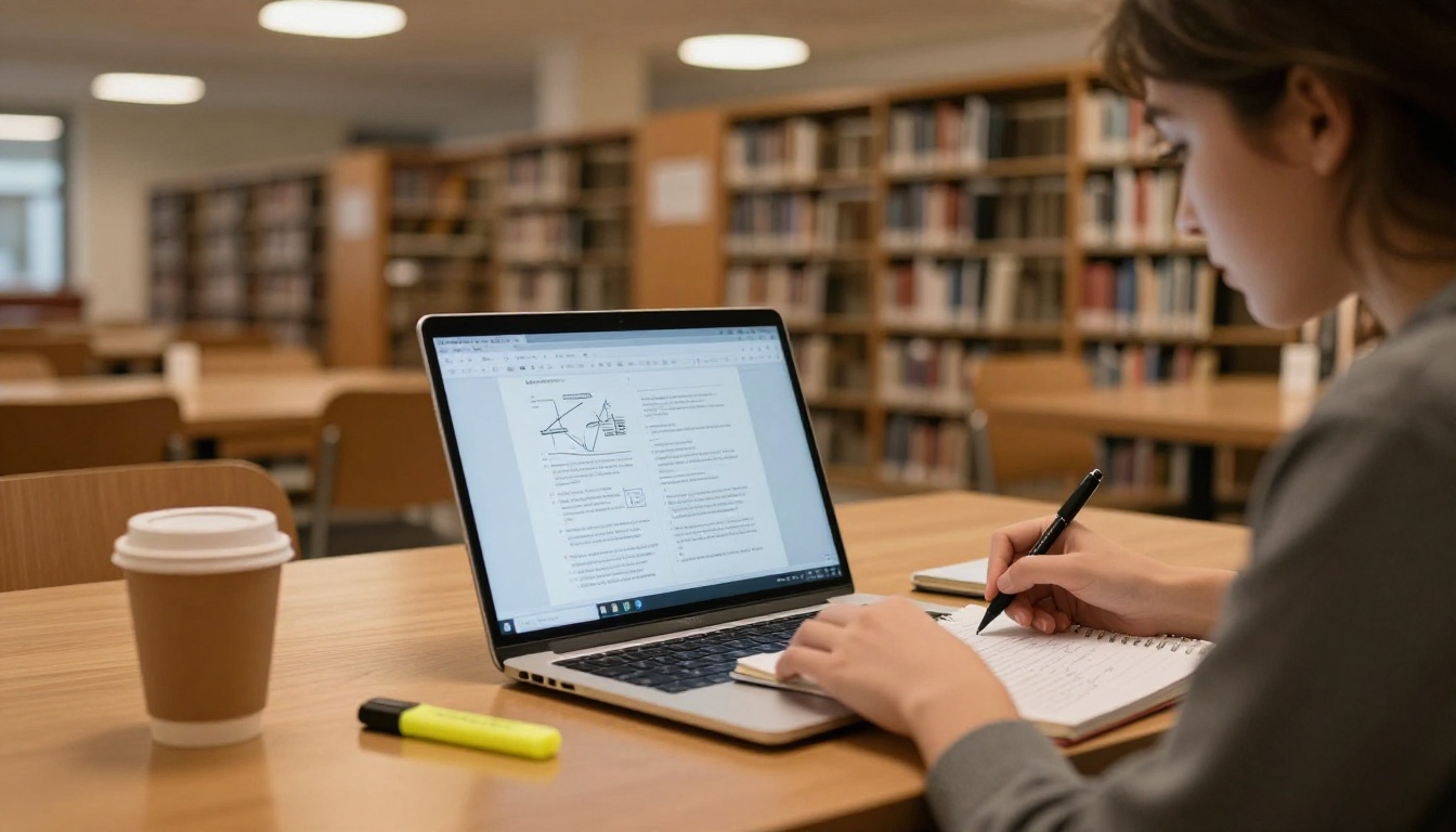 University student reading digital course materials in library University student reading digital course materials in library