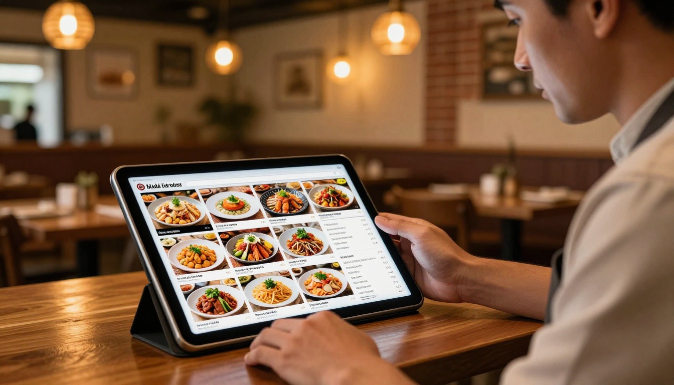 Restaurant owner reviewing digital menu flipbook Restaurant owner reviewing digital menu flipbook