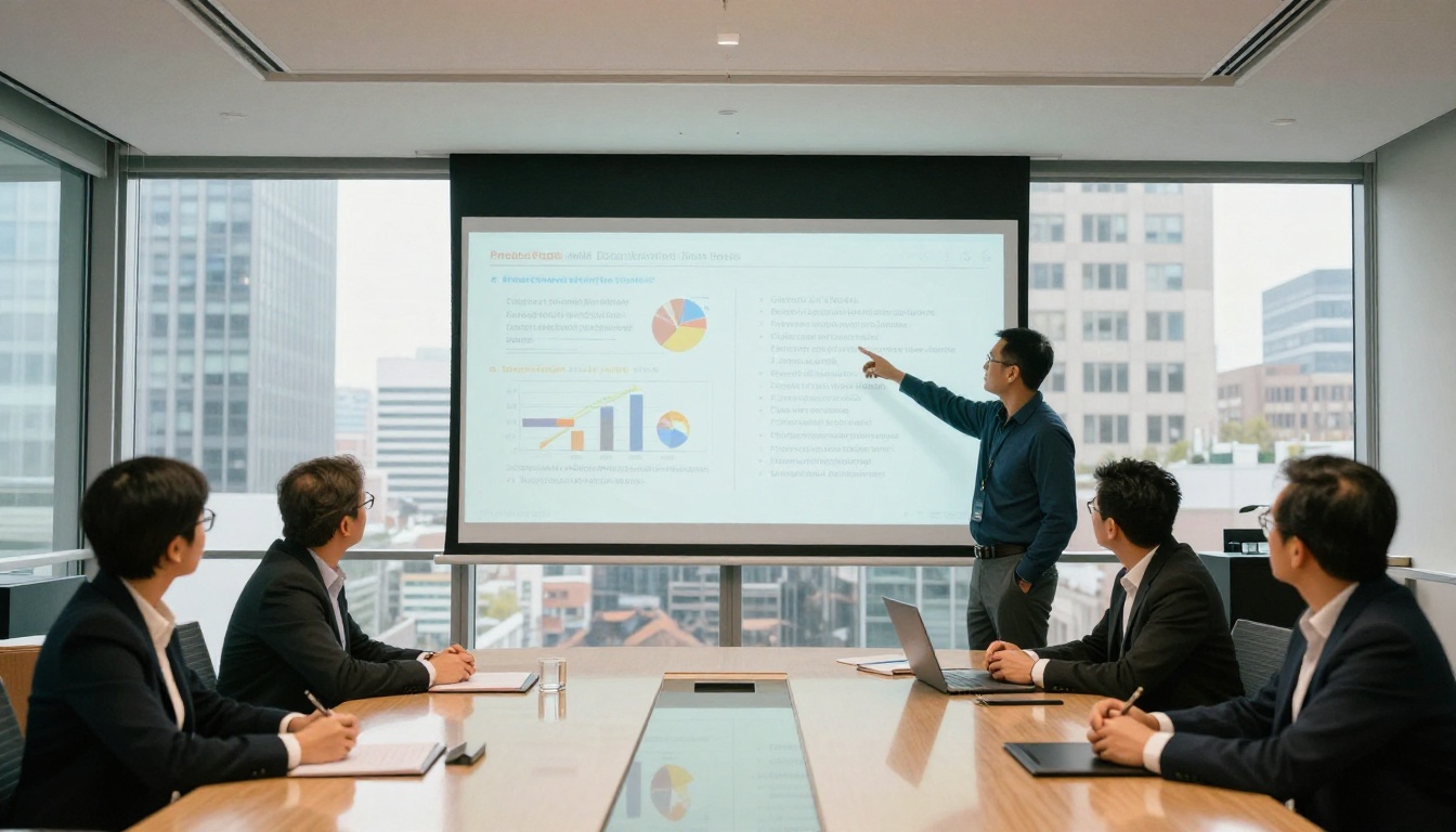 Conference room team presentation with flipbook on screen Conference room team presentation with flipbook on screen