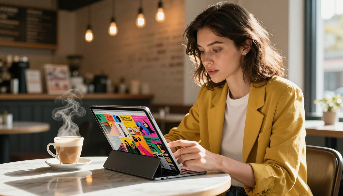Woman scrolling through a vibrant digital magazine on an iPad at a sunlit marble-top cafe table