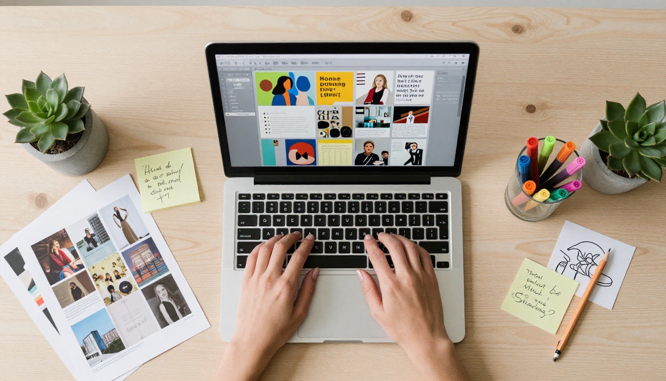 Overhead flat-lay of creative workspace with laptop showing magazine layout editor, printed tearsheets, and design tools