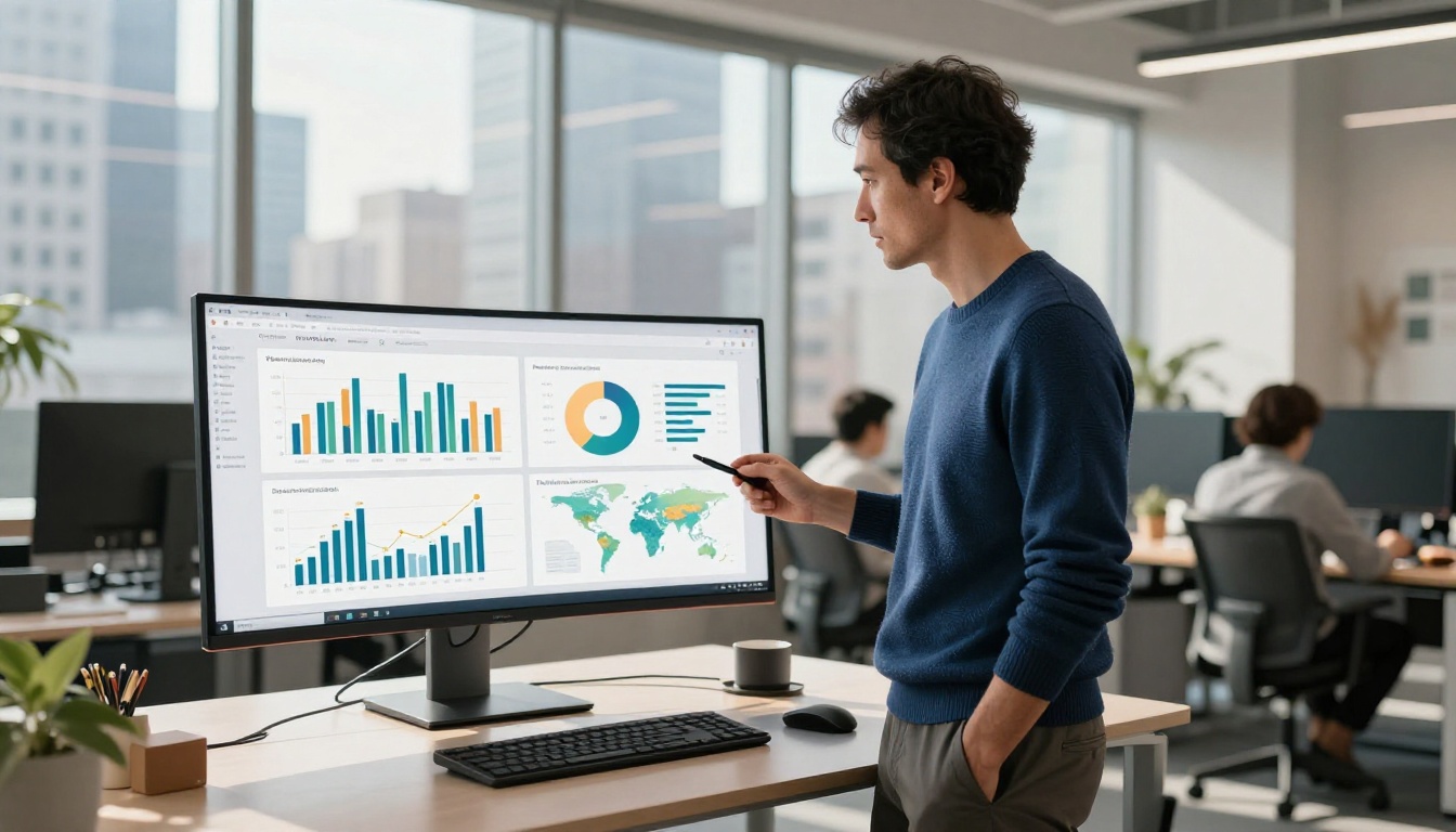 Professional man at a standing desk reviewing a publication analytics dashboard on a large ultrawide monitor