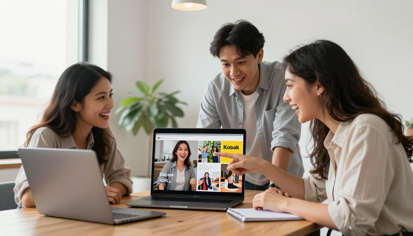 Three creative professionals enthusiastically reviewing a digital magazine together on a laptop in a bright conference room