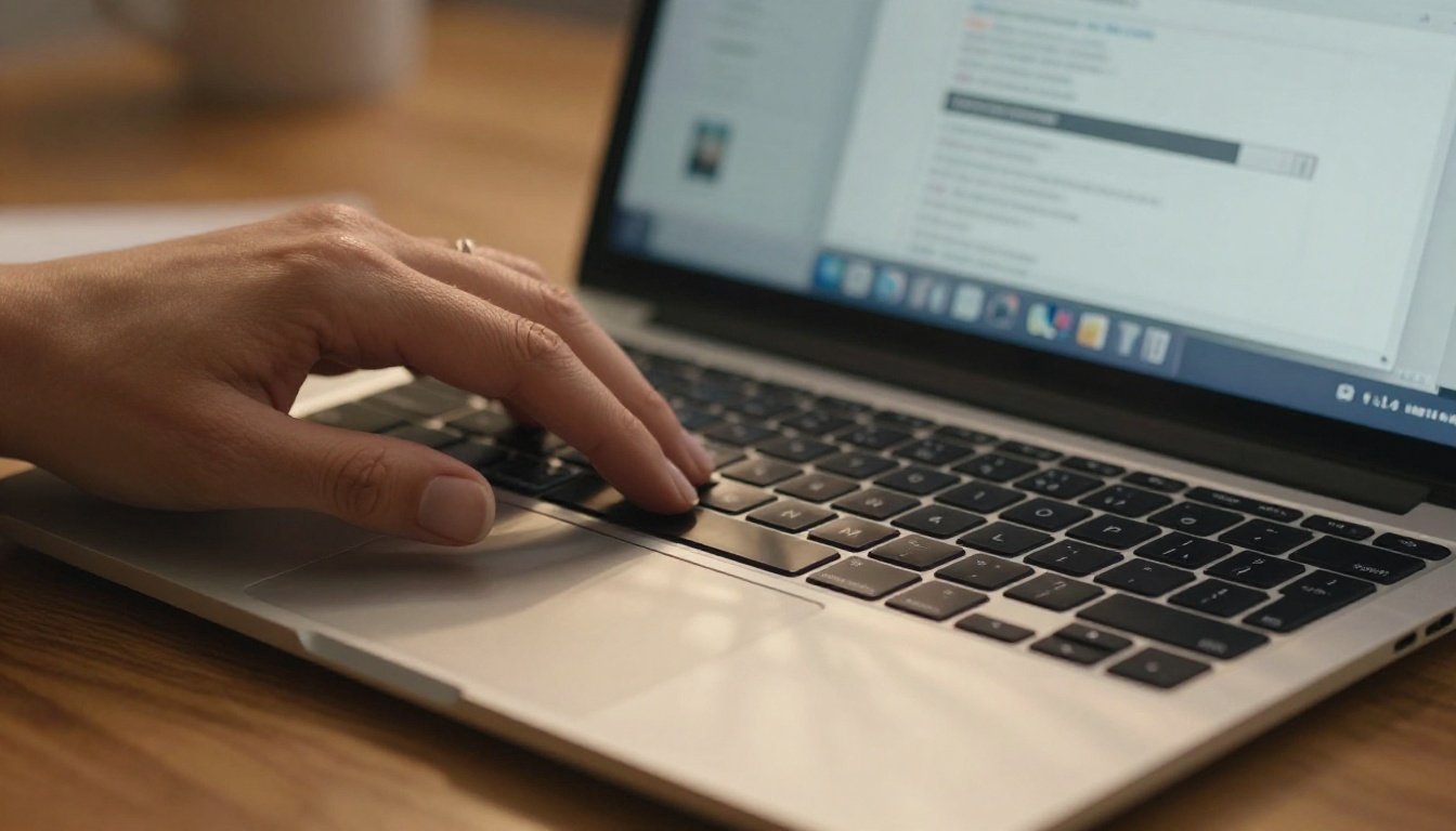 Close-up of female hands uploading a PDF file to a laptop with a document upload interface visible on screen