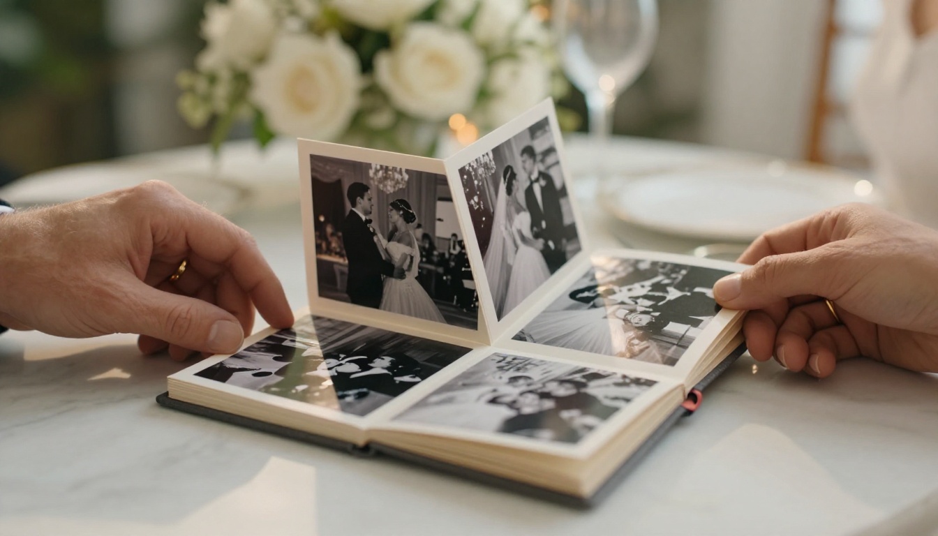 Wedding hands turning pages of a photo flipbook