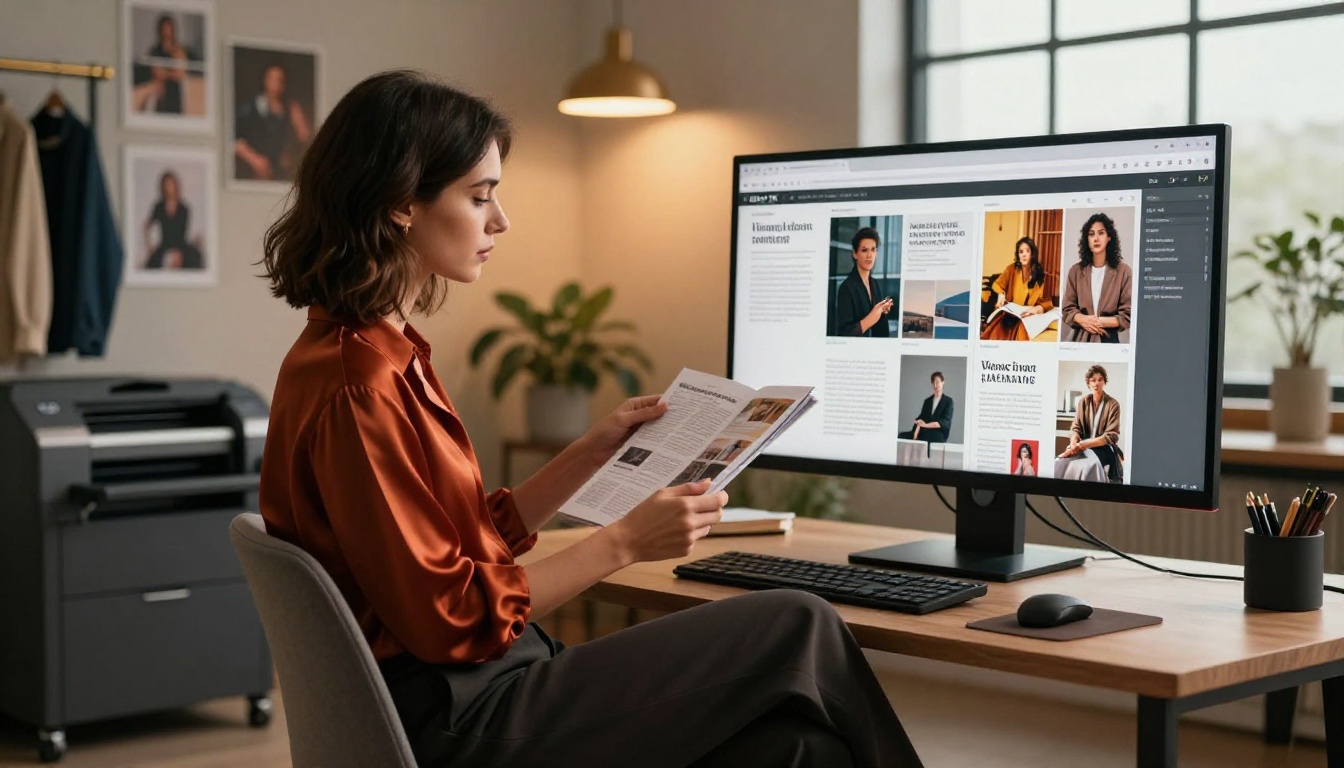 Stylish female magazine editor reviewing a digital publication spread on a large 4K monitor in a modern design studio