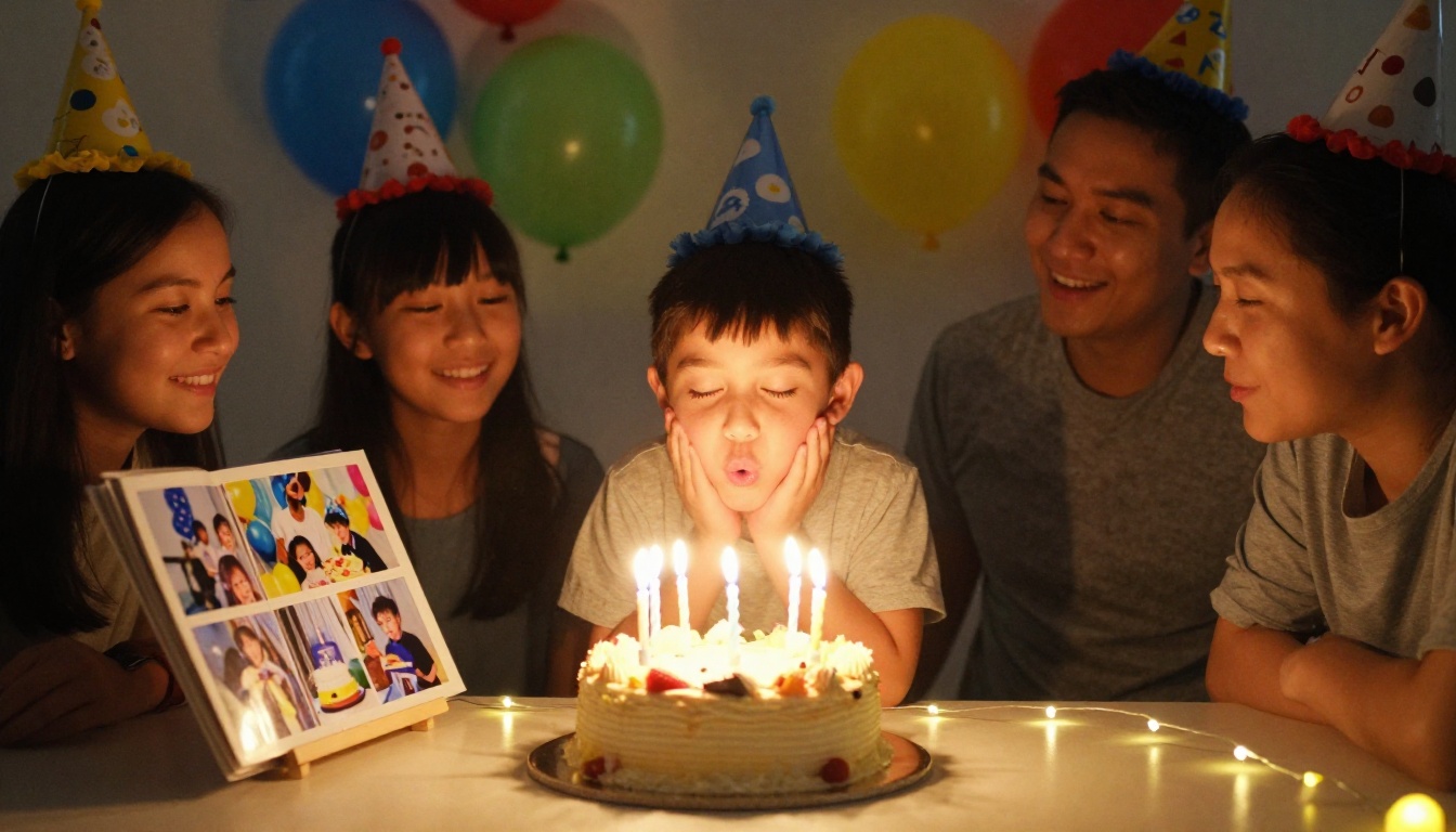 Child's birthday celebration with a photo flipbook on the table