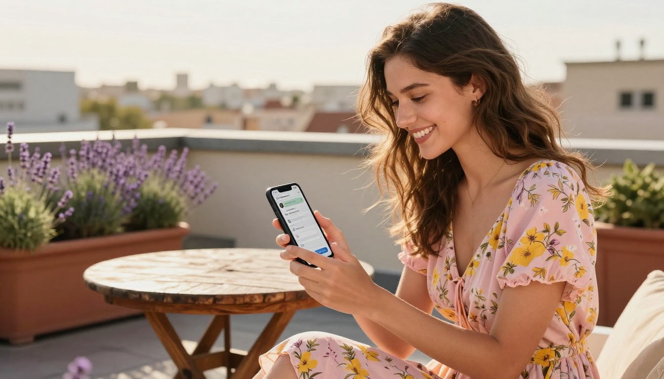 Young woman in a floral sundress smiling while sharing a magazine link from her smartphone on a sunny rooftop terrace