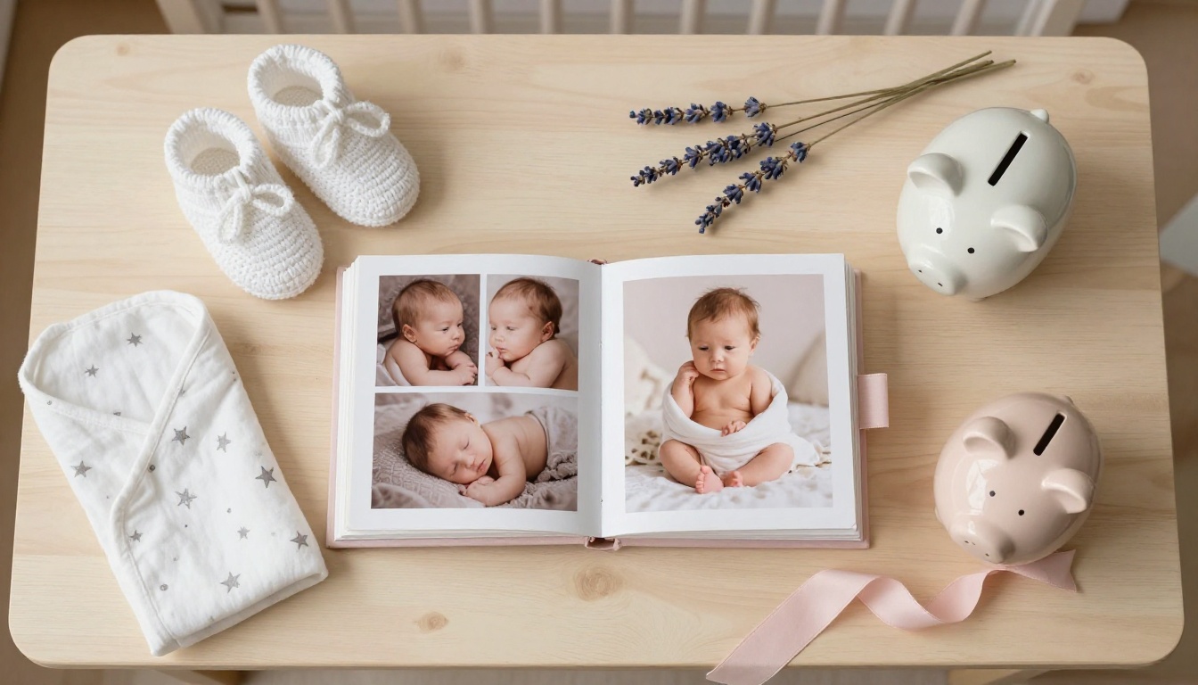Baby shower photo book flat-lay with pastel items