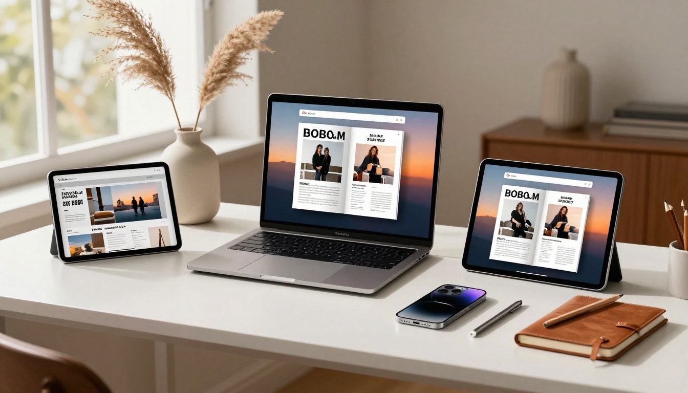 Modern creative workspace with MacBook, iPad, and iPhone all displaying the same responsive digital magazine spread simultaneously