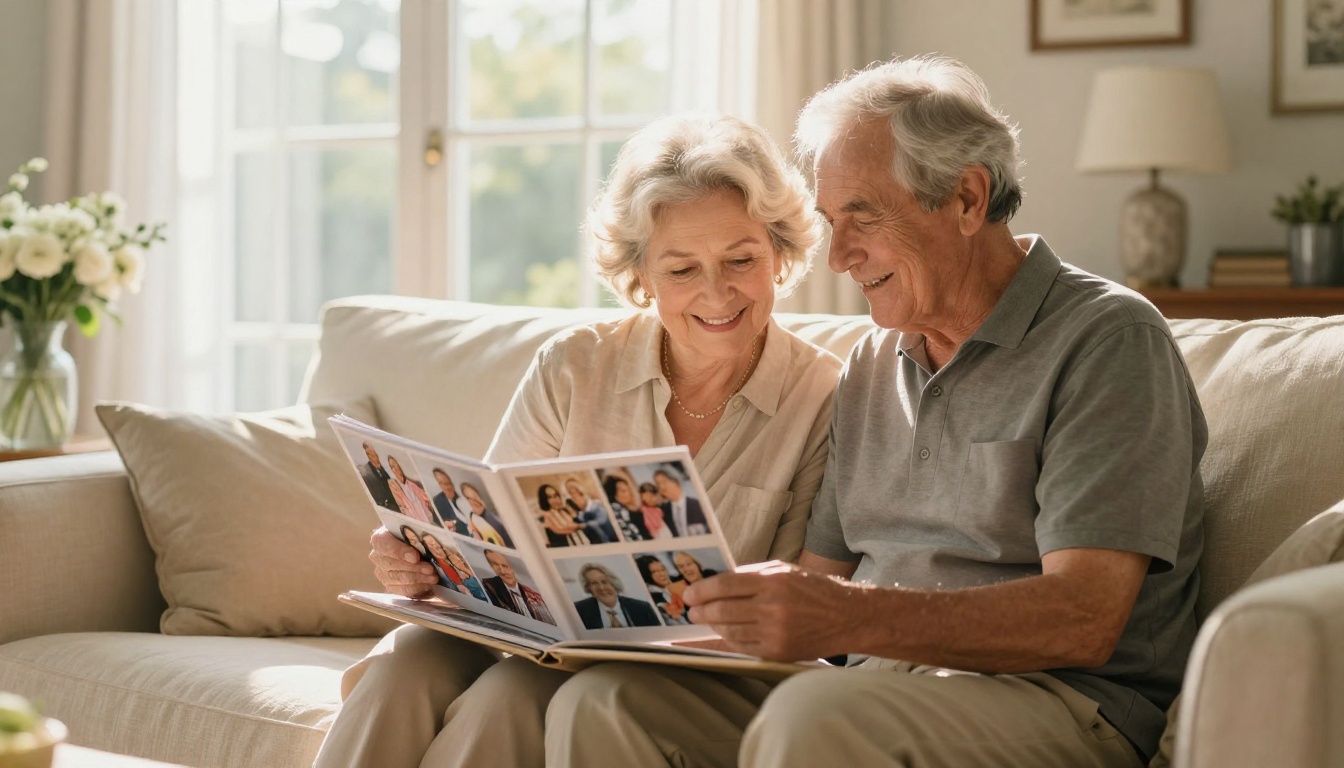Older couple looking through anniversary photo flipbook on a sofa
