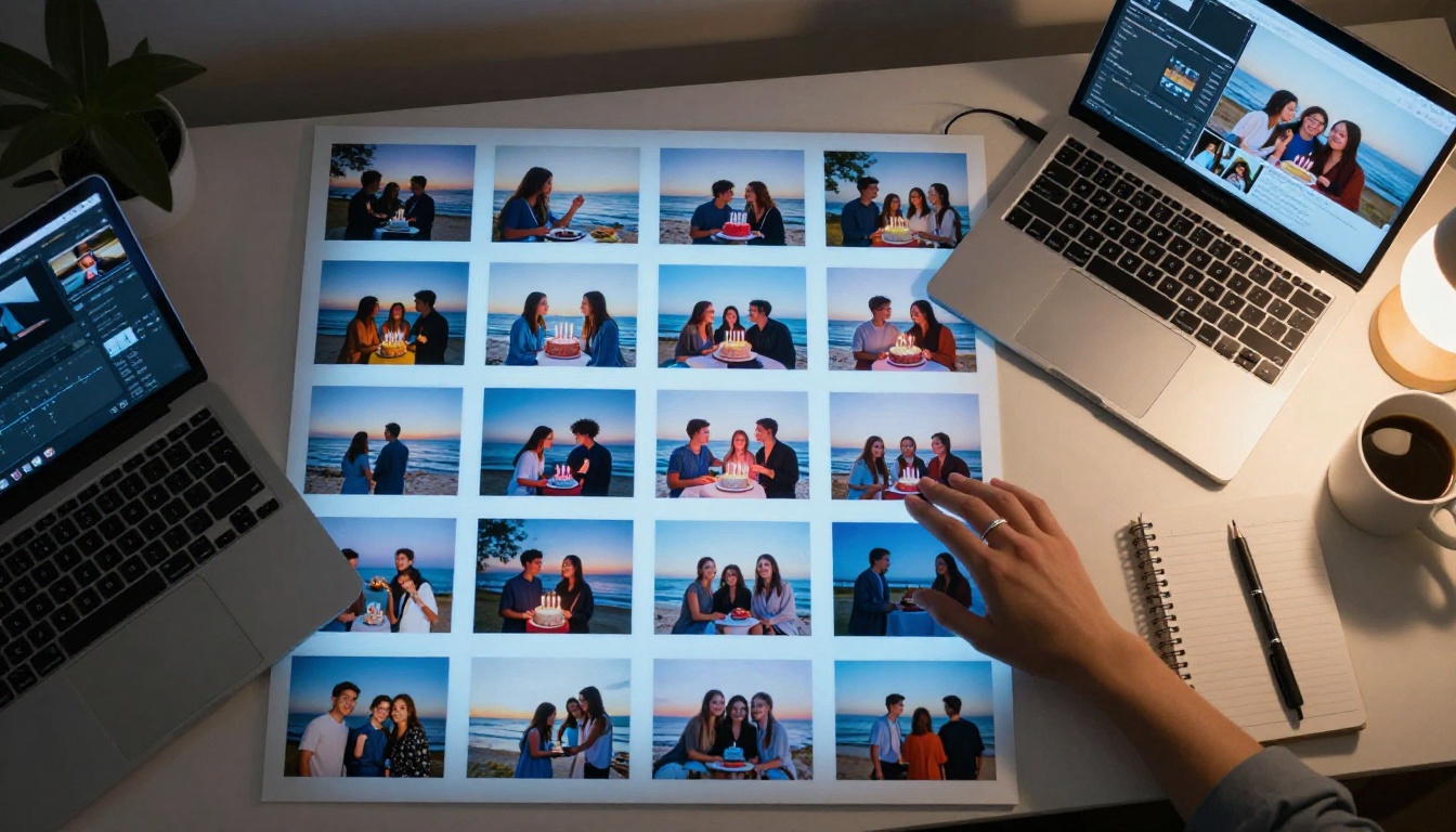 Hands arranging photographs on a glowing light table