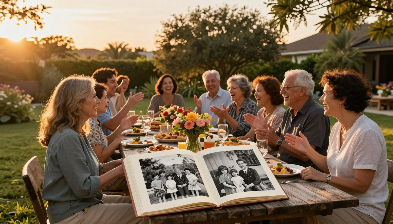 Multi-generational family reunion at outdoor table during golden hour