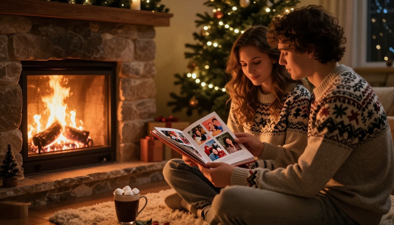 Couple viewing a holiday photo flipbook by the fireplace