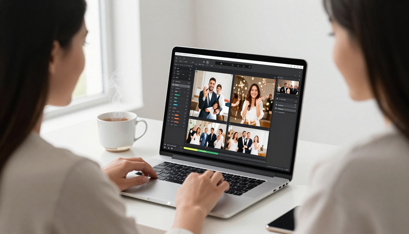 Woman working on laptop to create a photo flipbook