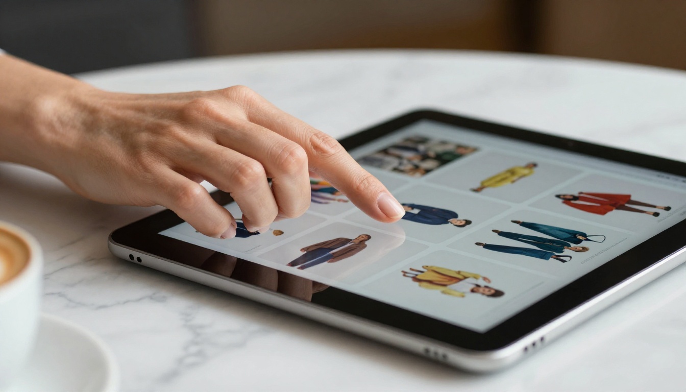Digital product catalog scrolling on tablet with page-turning interface