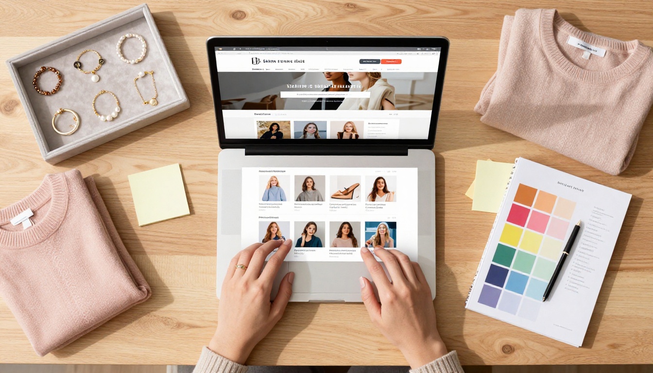 Aerial view of e-commerce boutique workspace with products and laptop
