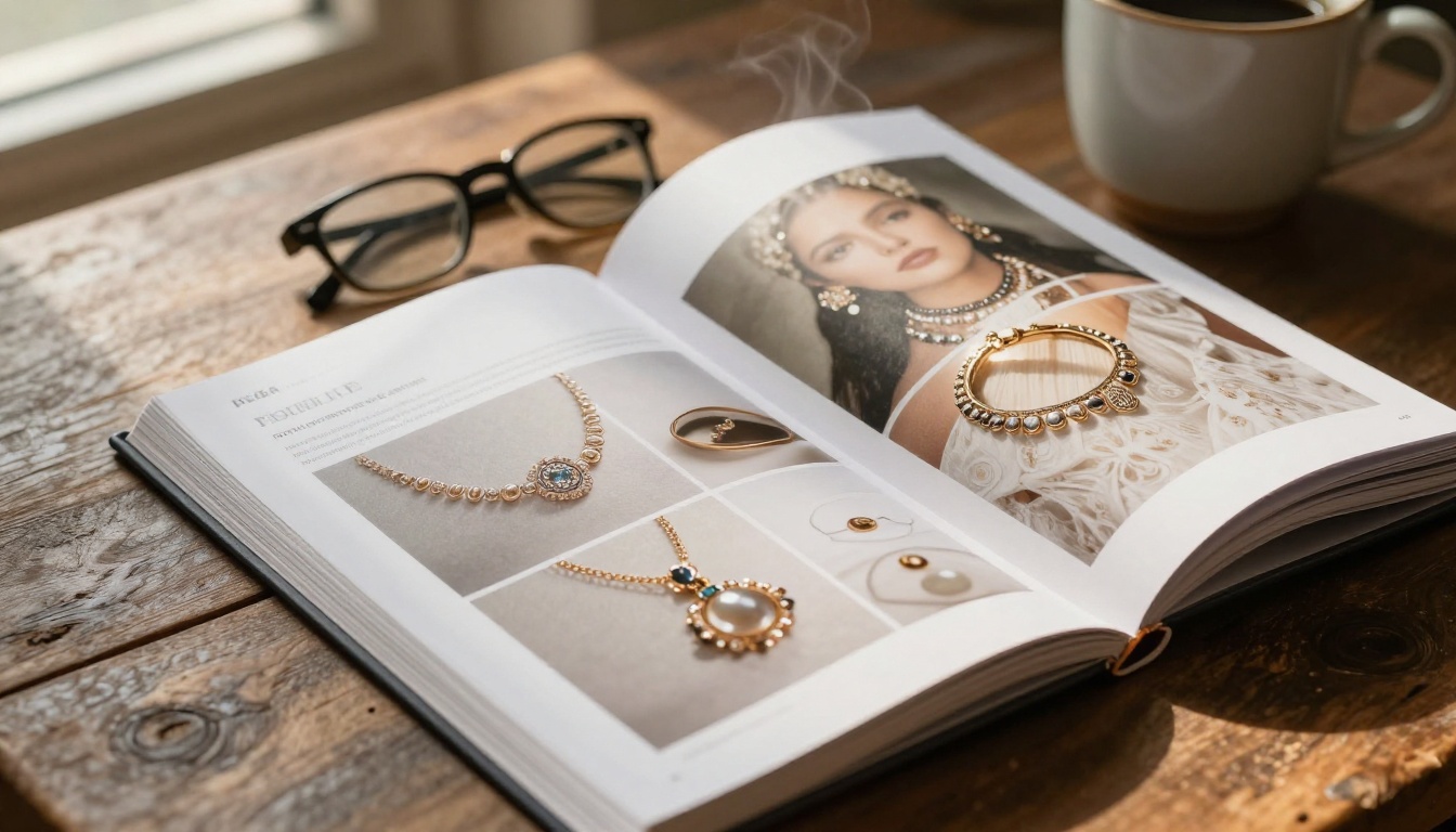 Close-up of a printed jewelry product catalog open on a coffee table