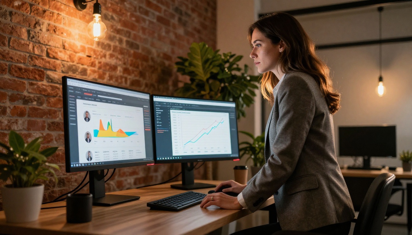 Businesswoman analyzing flipbook analytics on dual monitors in a modern office
