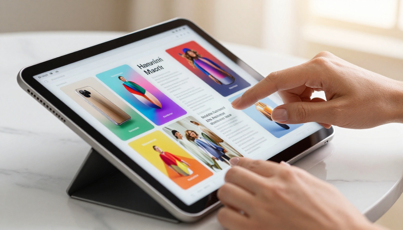 Extreme close-up of hands scrolling through a vibrant interactive digital brochure on an iPad with colorful product photography visible Extreme close-up of hands scrolling through a vibrant interactive digital brochure on an iPad with colorful product photography visible