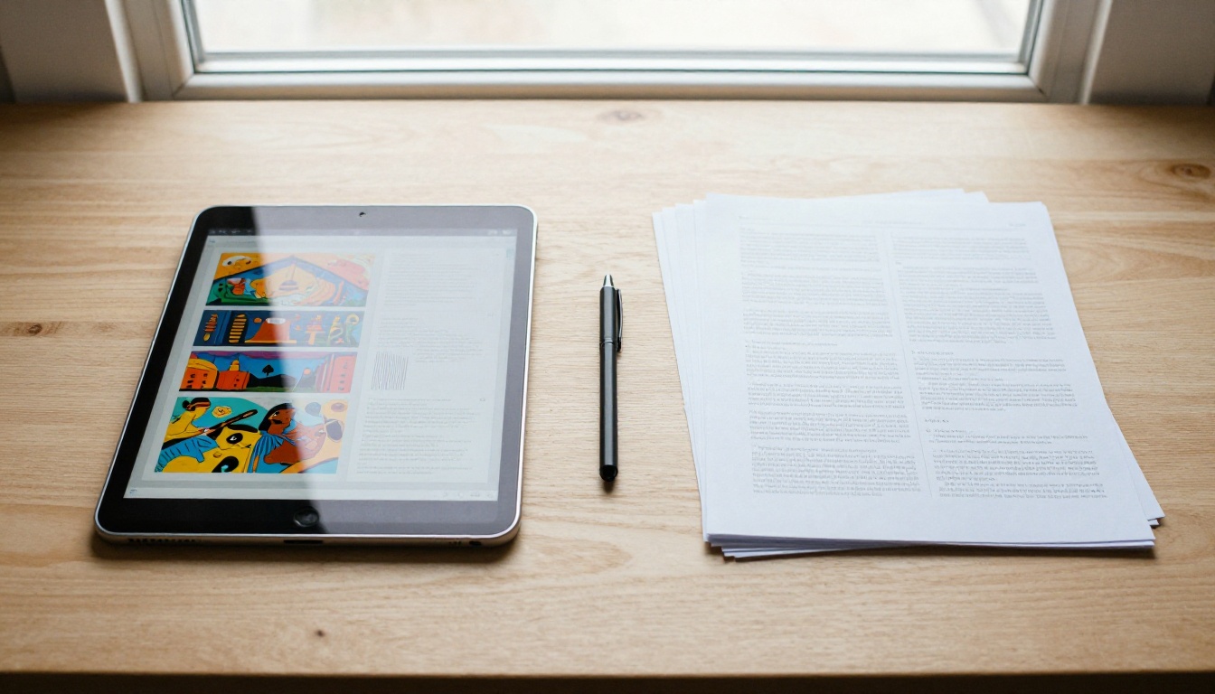 Side-by-side comparison of bright interactive tablet brochure versus flat static PDF pages on a minimal desk Side-by-side comparison of bright interactive tablet brochure versus flat static PDF pages on a minimal desk