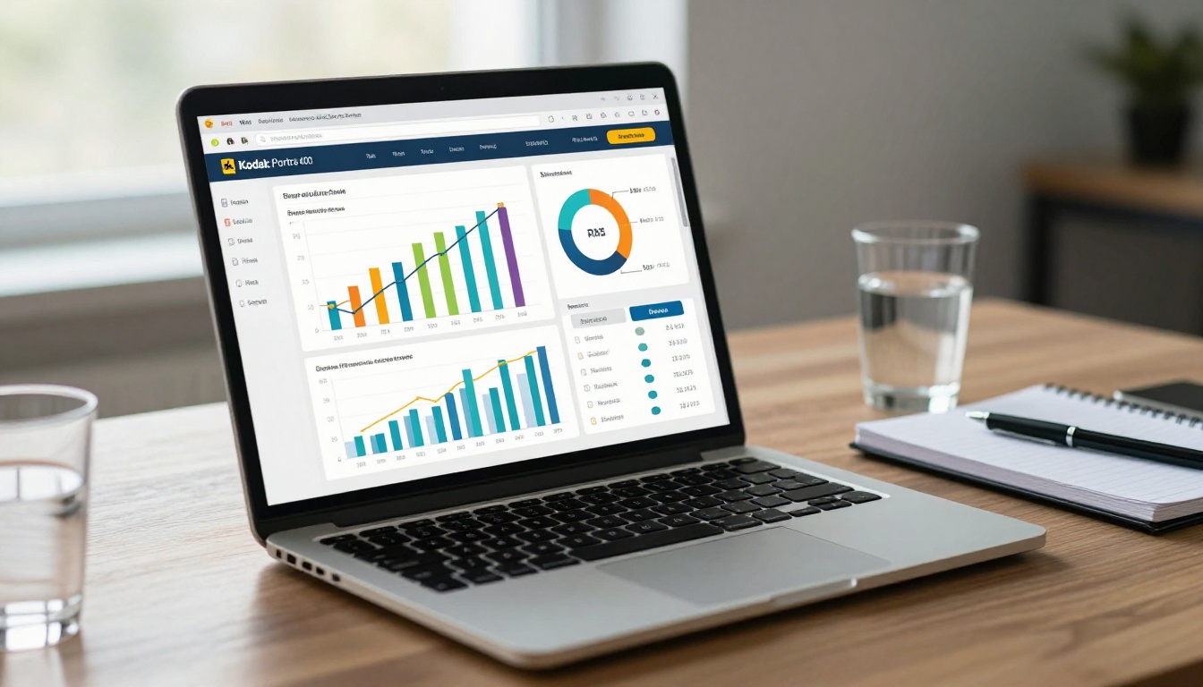 Laptop screen displaying a professional analytics dashboard with bar charts, line graphs, and click-through rate metrics for a digital brochure campaign Laptop screen displaying a professional analytics dashboard with bar charts, line graphs, and click-through rate metrics for a digital brochure campaign