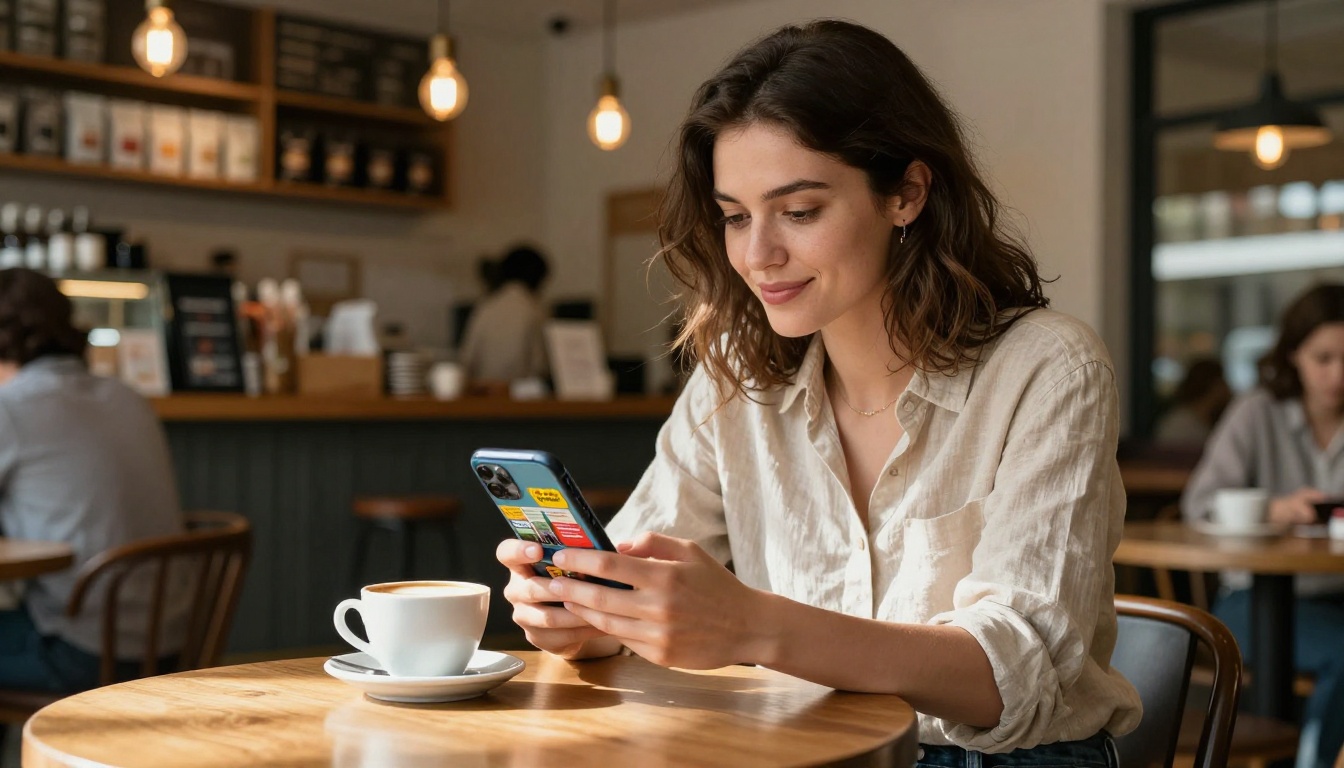 A stylish young professional woman sharing a colorful digital brochure link on her smartphone at a warm wooden café table with a cappuccino A stylish young professional woman sharing a colorful digital brochure link on her smartphone at a warm wooden café table with a cappuccino