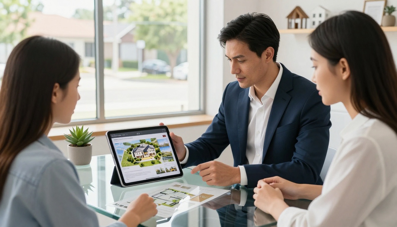 A male real estate agent in a navy suit presenting an interactive property brochure on an iPad to a couple in a bright modern real estate office A male real estate agent in a navy suit presenting an interactive property brochure on an iPad to a couple in a bright modern real estate office