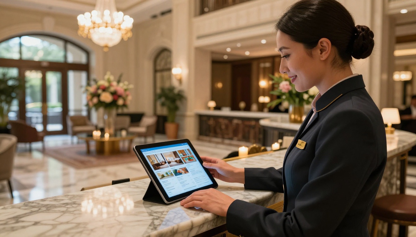 An elegant hotel concierge in charcoal uniform presenting a colorful interactive hotel brochure on a tablet to a couple at a polished marble reception desk An elegant hotel concierge in charcoal uniform presenting a colorful interactive hotel brochure on a tablet to a couple at a polished marble reception desk