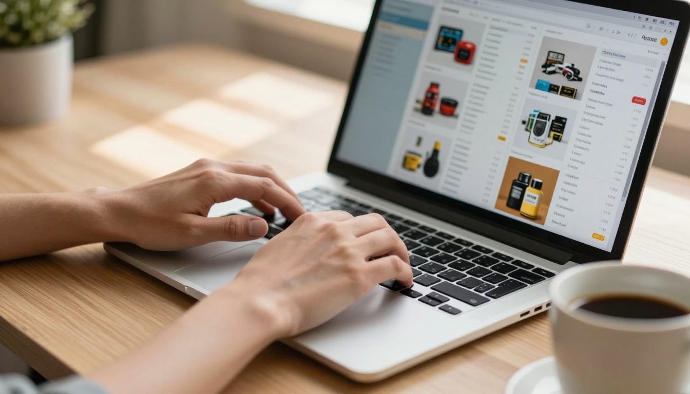 Professional hands typing on laptop displaying a colorful multi-page digital price catalog on screen