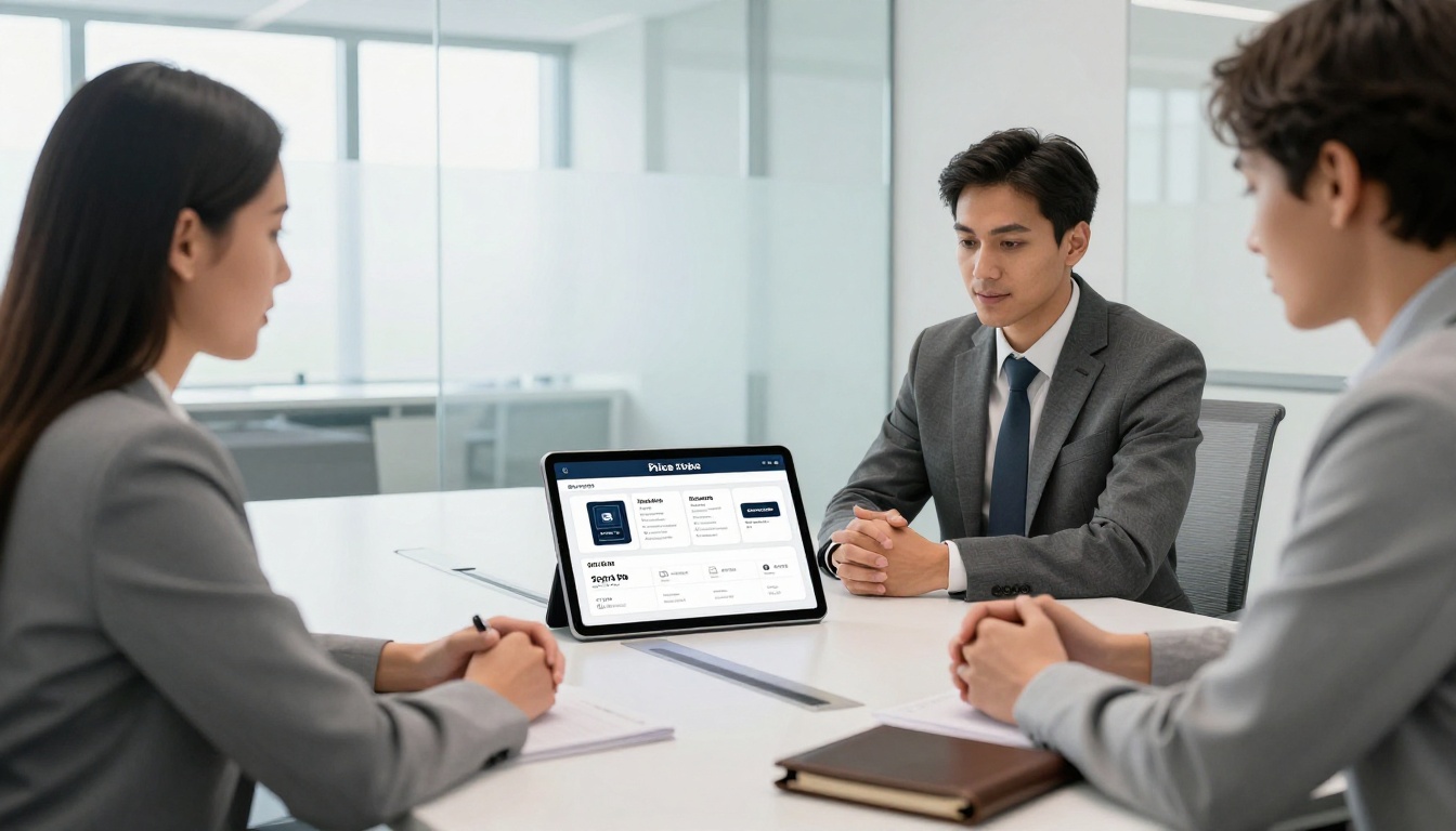 Sales professional presenting digital price flipbook on iPad to two clients across a conference table in a modern boardroom