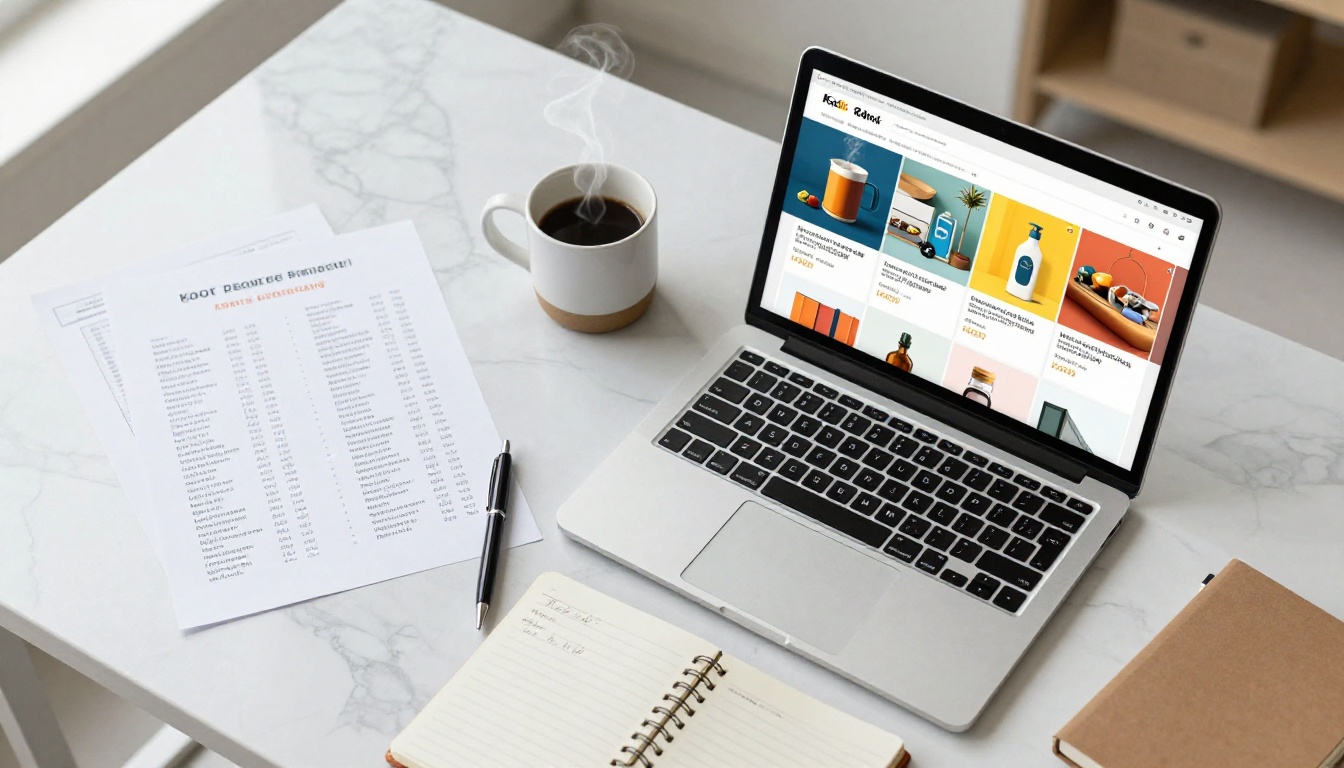 Aerial overhead flat lay of an organized office desk with printed price lists, open laptop showing digital catalog, coffee mug, and notebook