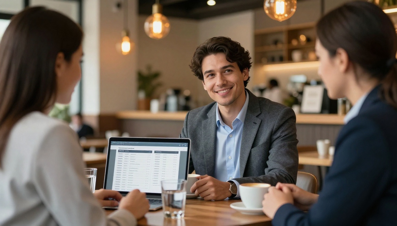 Sales representative showing a digital price list flipbook on laptop to a client during a business lunch meeting at a cafe